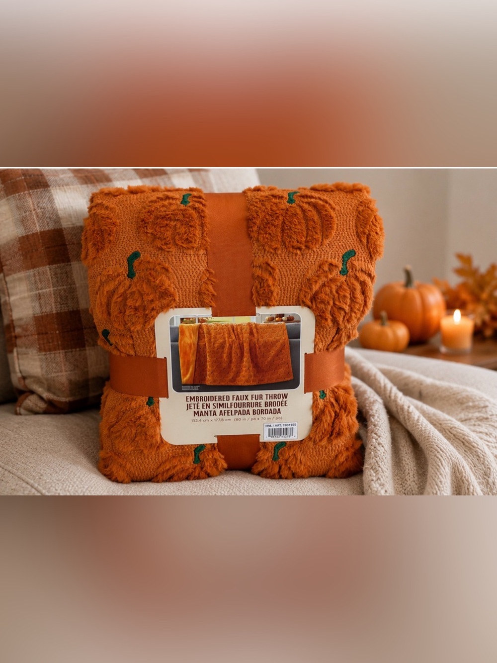 🎃 Pumpkin Embroidered Faux Fur Throw Blanket – Orange | Fall Decor | NEW